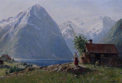 Meisje in een fjordlandschap door Hans Andreas Dahl
