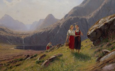 Drie Meisjes bij het Bergmeer in West-Noorwegen door Hans Andreas Dahl