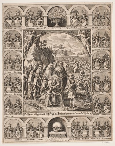 Kristus voedt de 5000. Omgeven door Jørgen Vinds wapenschilden door Hans Andreas Greys