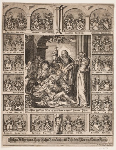 De opwekking van Lazarus. Omringd door de wapenschilden van Holger Rosenkrantz door Hans Andreas Greys