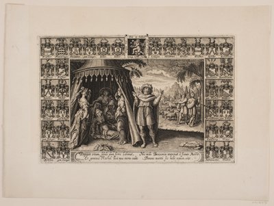Titelblad met voorstelling van Rachel die sterft bij de geboorte van Benjamin. Omgeven door wapenschilden door Hans Andreas Greys