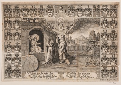Titelblad voor lijkrede over Ida Langs met voorstelling van Christus als tuinman en Maria Magdalena door Hans Andreas Greys