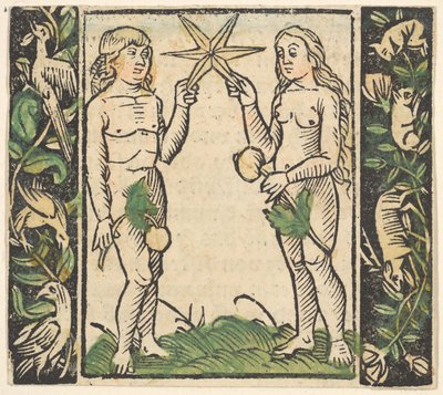 Adam en Eva die een ster vasthouden, illustratie uit Beschlossen Gart des Rosenkranz Mariae door Hans Baldung
