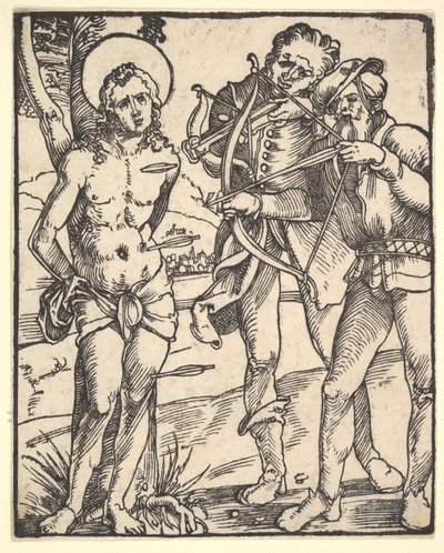 Martelaarschap van St. Sebastian met twee kruisboogschutters door Hans Baldung