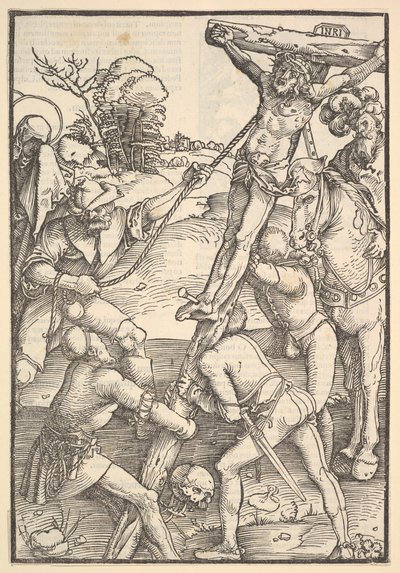 De kruisoprichting (verso: De kruisoprichting, uit Speculum Passionis Domini) door Hans Baldung