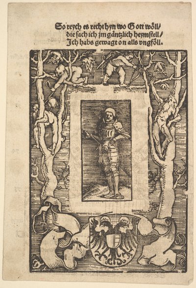 Titelrand met man in harnas in het midden door Hans Baldung