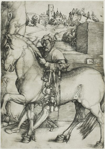 Een stalknecht die een paard opzadelt door Hans Baldung Grien