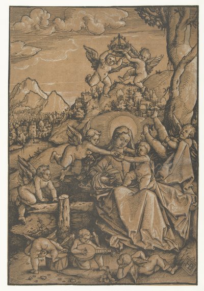 Maria met kind met acht engeltjes in een landschap door Hans Baldung Grien