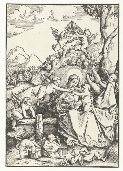 Maria met kind met acht engeltjes in een landschap door Hans Baldung Grien