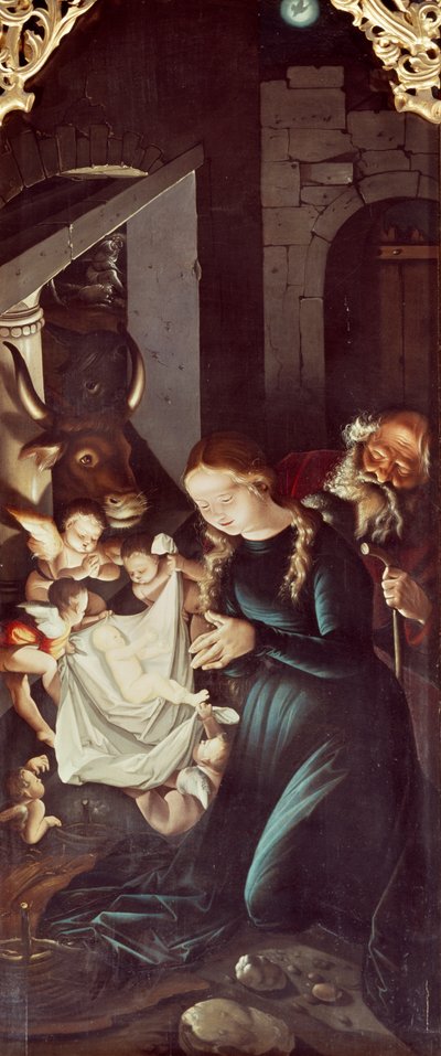 Geboorte van Jezus, paneel van Verhalen van de Maagd, door Hans Baldung, Altaarstuk van de kathedraal van Freiburg door Hans Baldung Grien