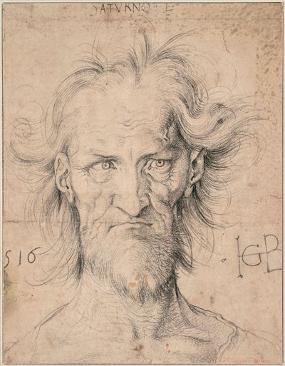 Hoofd van een bebaarde oude man "Saturnus" - Tekening van Hans Baldung (1484-1545), zwarte krijt op papier door Hans Baldung Grien