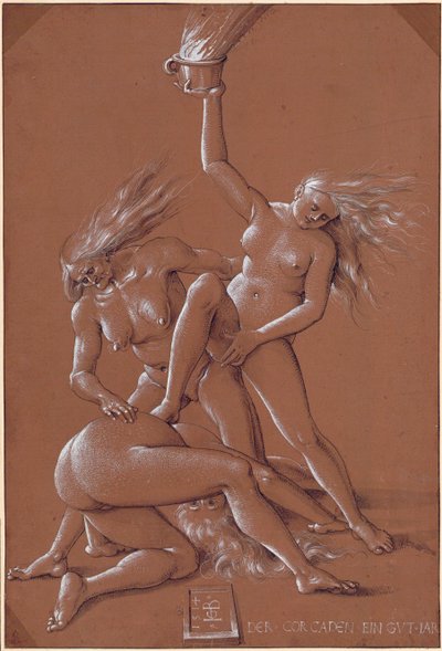 Nieuwjaarsgroet met drie naakte heksen door Hans Baldung Grien
