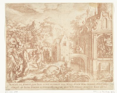Christus komt aan bij het huis van Lazarus, Marta en Maria Magdalena door Hans Bol