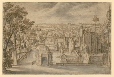 Een kasteel met meerdere torens in een uitgestrekt, vlak landschap tussen vijvers. Een rond tuinpaviljoen in het midden van de voorgrond. Links een laan door Hans Bol