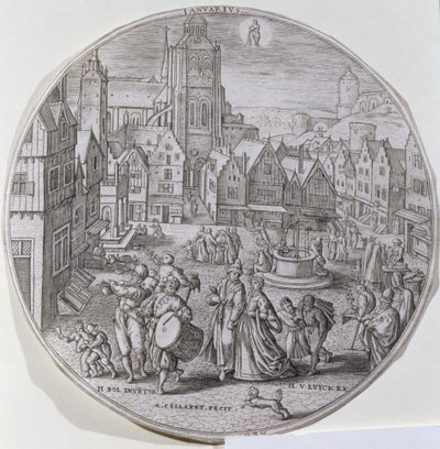 Januari, buren vieren Driekoningen op het marktplein van Bergen, uit een set van twaalf 
