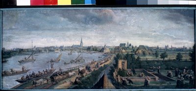 De geneugten van het platteland, scène van een wandeling langs de rivier, een dorpsbal, picknick en buitenspelen. door Hans Bol