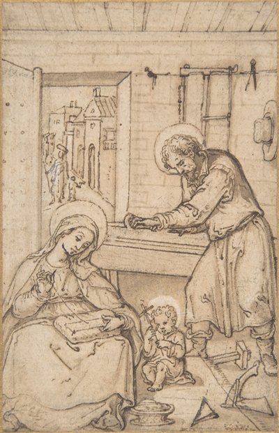 De Kindertijd van Christus, in de werkplaats van de timmerman, 1534-93 door Hans Bol.