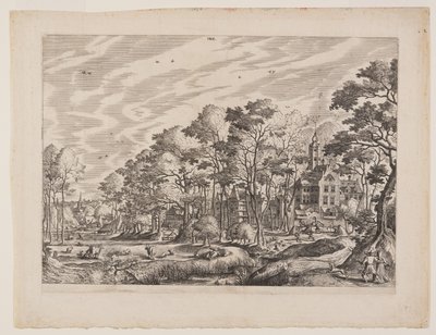 Gezicht op een dorp met een kasteel naar rechts, plaat 1 uit Landschappen met dorpsgezichten door Hans Bol