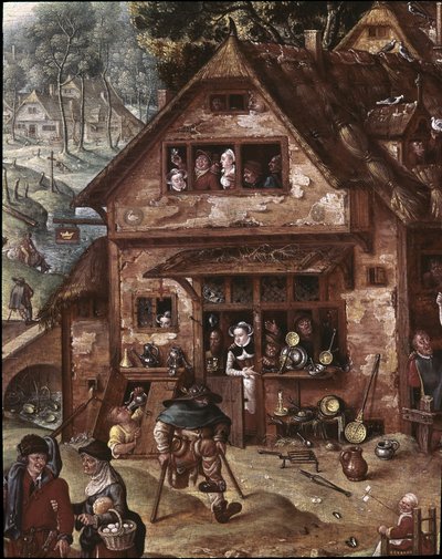Uitzicht op het dorp met burleske scènes. Detail van de taverne door Hans Bol