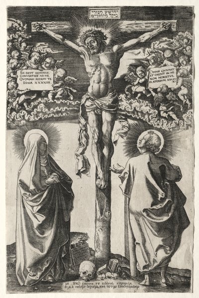 Christus aan het kruis tussen de maagd en St. Johannes door Hans Brosamer
