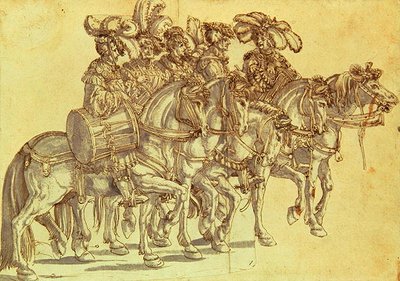 Vijf trommelaars te paard, ca. 1500 door Hans Burgkmair