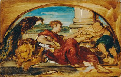 Allegorisch figuur met leeuw en pauw door Hans Canon