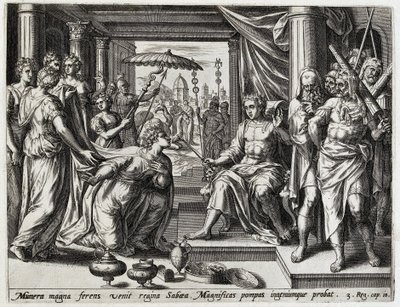 Salomo ontvangt de koningin van Seba door Hans Collaert (I) (attributed to)