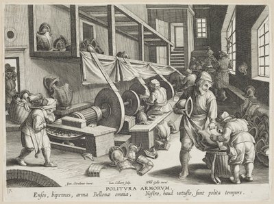 Politura Armorum (Polijsten van Wapens), plaat 17 uit de serie Nova Reperta (Moderne Ontdekkingen) ca. 1588 (gravure op geperst papier) door Hans Collaert