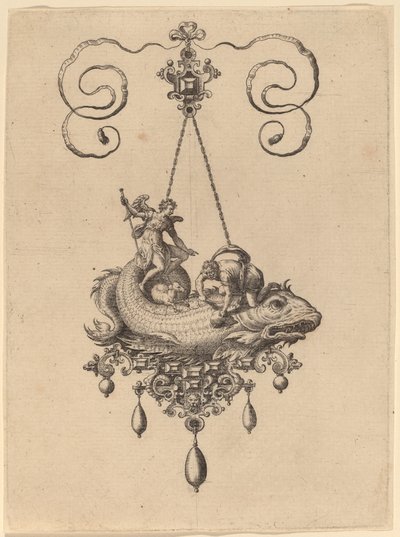 Ontwerp voor een hanger met een vis die Tobias en de engel draagt door Hans Collaert the Elder