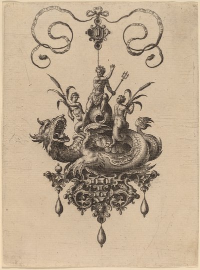 Ontwerp voor een Hanger met een Zeemonster dat Neptunus Draagt Geflankeerd door Twee Nereïden door Hans Collaert the Elder