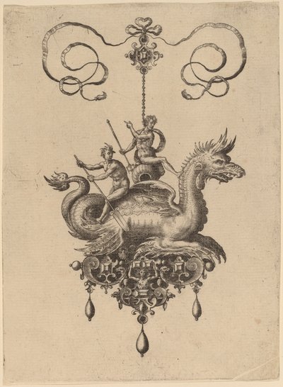 Ontwerp voor een hanger met een zeemonster dat Neptunus draagt op een urn geflankeerd door een riviergod met een roeispaan door Hans Collaert the Elder