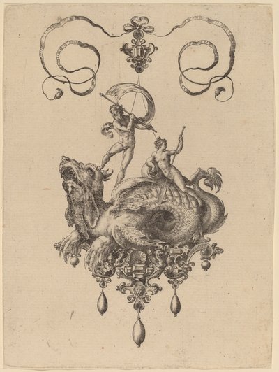 Ontwerp voor een Hanger met een Zeemonster dat Thetis en een Man met een Zeil Draagt door Hans Collaert the Elder