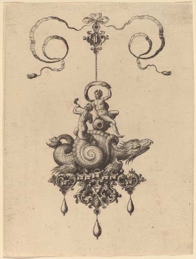 Ontwerp voor een Hanger met een Zeemonster in een Schelp die een Triton en een Vrouw met een Zeil Draagt door Hans Collaert the Elder