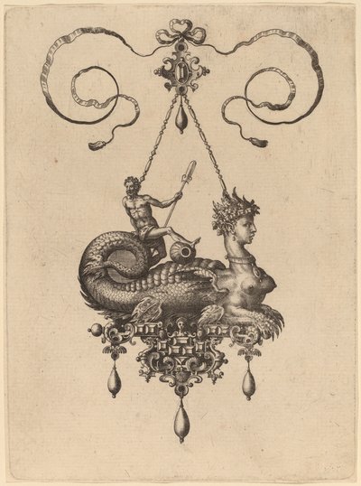 Ontwerp voor een Hanger met een Sfinx met het Lichaam van een Vis die een Man met een Roeispaan Draagt door Hans Collaert the Elder