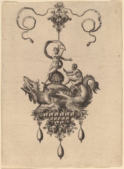 Ontwerp voor een Hanger met een Gevleugeld Zeemonster dat Venus Anadyomene op een Schelp Draagt en een Man met een Roeispaan door Hans Collaert the Elder