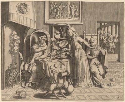 De Minnaar Non tussen de Abt en de Monnik door Hans Collaert the Elder