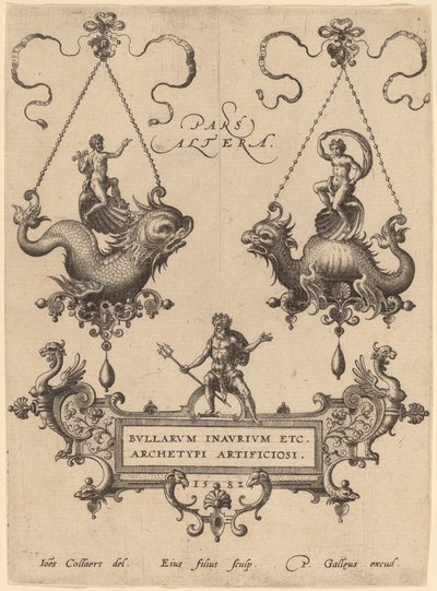 Titelplaat met ontwerpen voor hangers door Hans Collaert the Elder