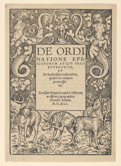 Titelrand met drie herten en een hinde, vroege 16e eeuw door Hans Cranach