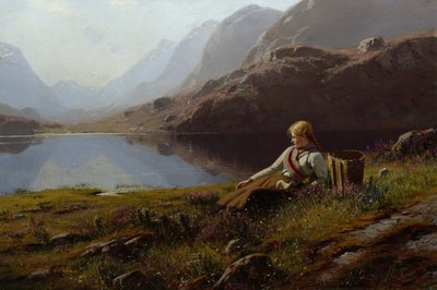 Meisje dat breit bij het bergmeer door Hans Dahl