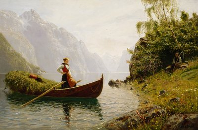 Vrouw en man in fjordlandschap door Hans Dahl