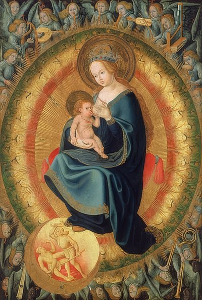 Maria, het kind voedend, in een engelenglans. 1500-10 door Hans Fries