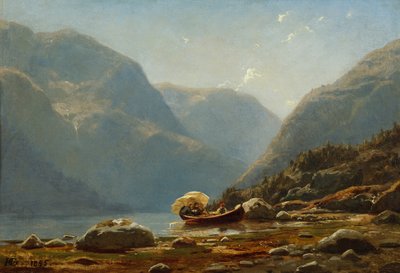 Fjordlandschap met mensen in roeiboot door Hans Gude