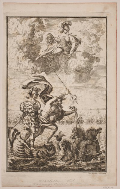 Neptunus over de zee. Titelblad voor Fontenay, "Søe-Evolution"; Kopenhagen 1743 door Hans Henrich Christian Ulrich