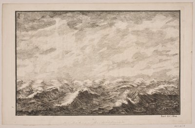 Schepen in woelige zee. Illustratie voor Fontenay, "Söe-Evolution"; Kopenhagen 1743 door Hans Henrich Christian Ulrich
