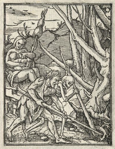 De dans van de dood: Verdrijving uit het paradijs; Adam bewerkt de grond door Hans Holbein