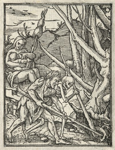 De dans van de dood: Verdrijving uit het paradijs, Adam bewerkt de grond door Hans Holbein