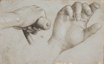 Studies van de hand van een kruisboogschutter en van de rechterhand van St. Sebastiaan door Hans Holbein d.Æ.
