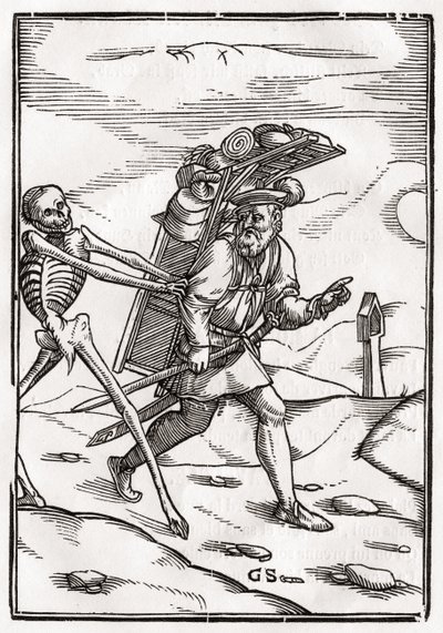 De Dood komt naar de Kramers, gegraveerd door Georg Scharffenberg, uit 