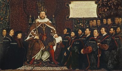 Henry VIII overhandigt een charter aan Thomas Vicary, ter herdenking van de samenvoeging van de Barbiers- en Chirurgengilden, 1541 door Hans Holbein der Jüngere