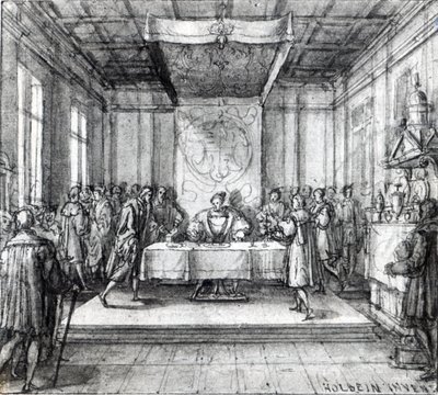 Hendrik VIII in zijn privévertrek (pen, inkt en was op papier) door Hans Holbein der Jüngere